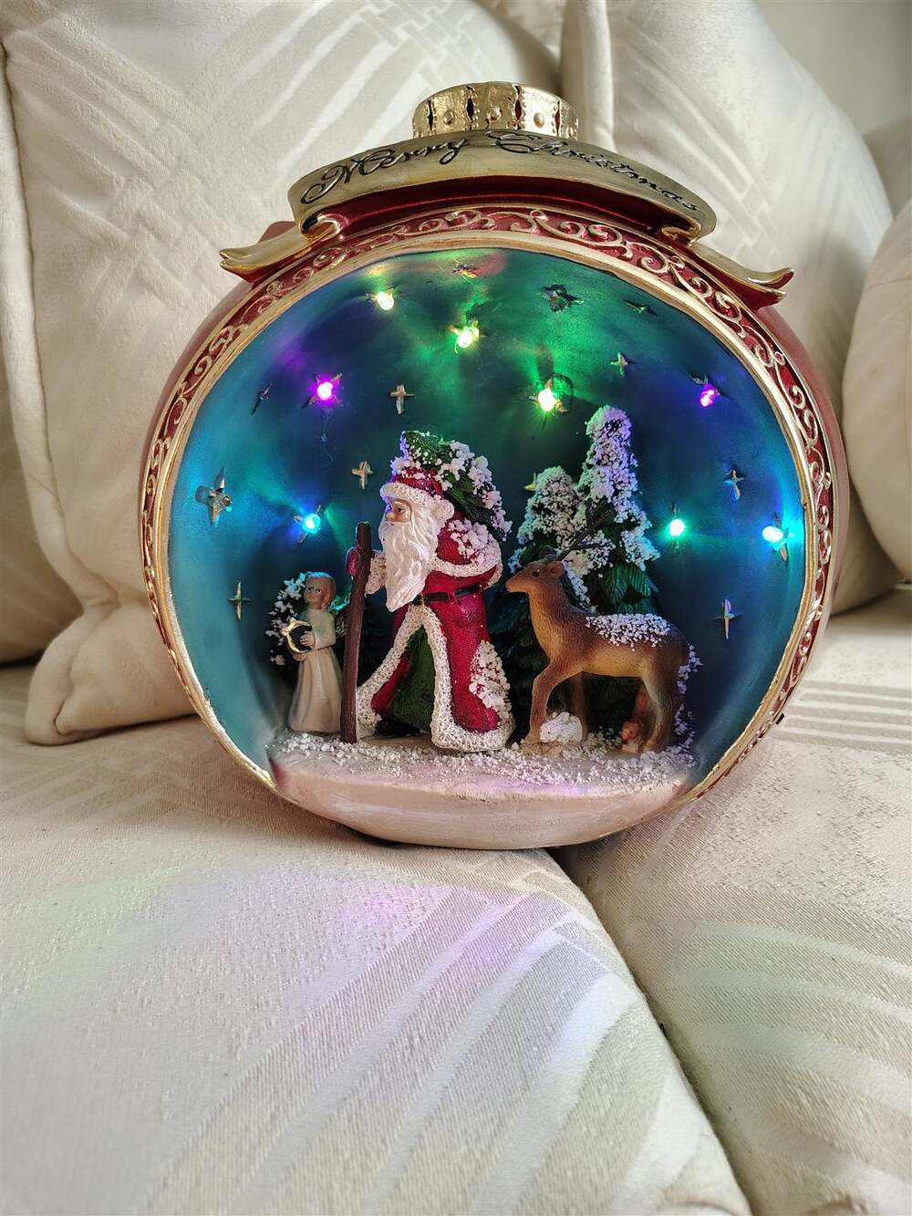 Lighted Christmas Ornament Globe Santa and Reindeer Scene Inside